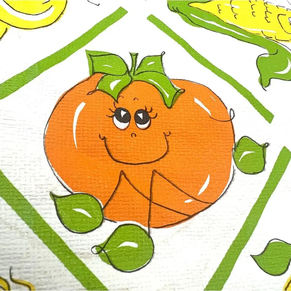 Vintage 70s Hildi Fruit and Vegetable Tablecloth 69x53 in Anthropomorphic Vinyl